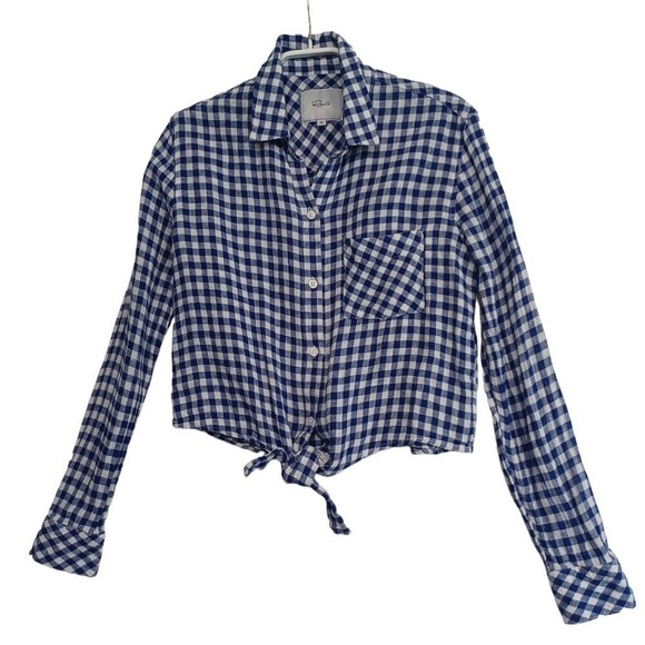 Rails Tops - Rails Womens Blue White Gingham Tie Front Button Down Shirt XS Cropped Long Slv